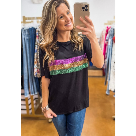 Black Mardi Gras Sequins Striped Crew Neck Tshirt - Picture 4 of 9